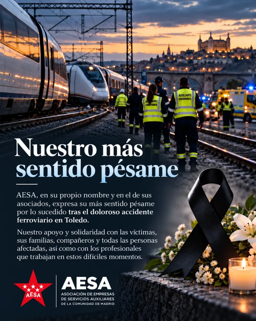 Cartel de condolencias de AESA por el accidente ferroviario de Toledo, con lazo negro y personal de servicios auxiliares